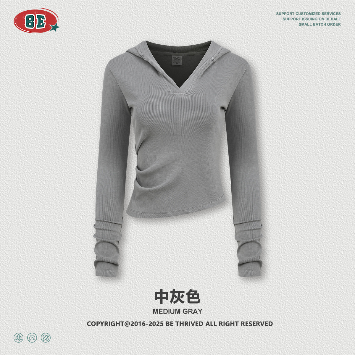 Ropa de mujer BE | Camiseta de Manga Larga con Capucha y Cuello en V, Ajustada a la Cintura, Estilo Retro Casual para Mujer, Otoño 2025