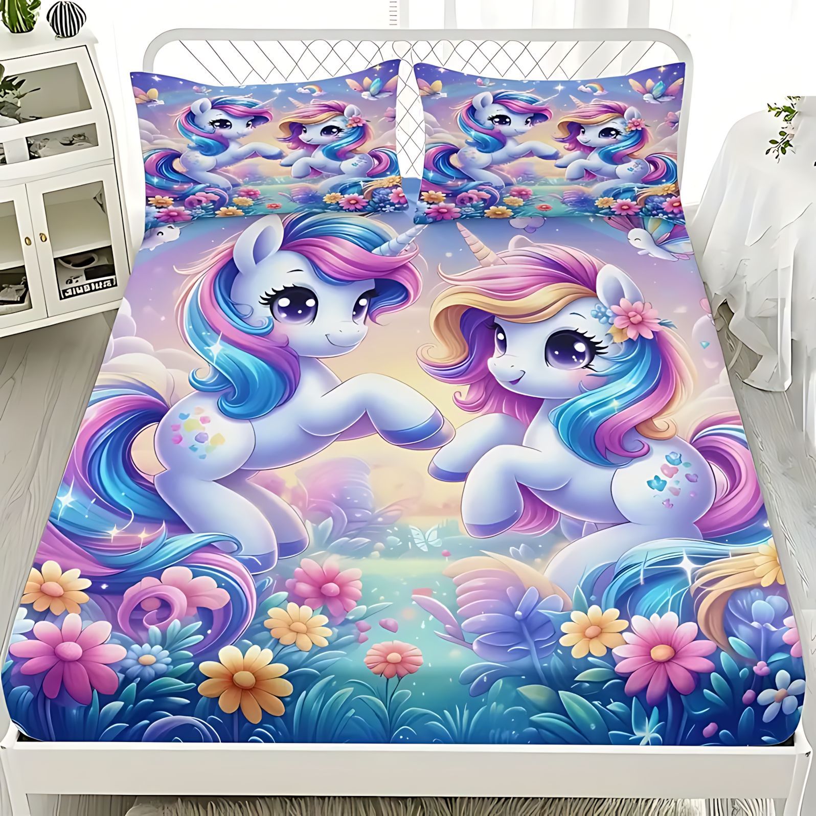 TEMU / JIT dulce y lindo unicornio impresión digital 3D cama de cama de cama de cama de tres piezas