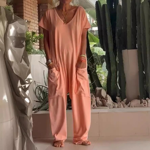 European and American-style summer women's independent online store: Solid-color V-neck oversized pocket low-rise straight-leg jumpsuit
