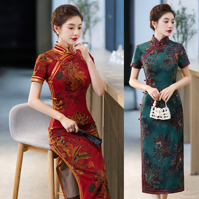 老上海旗袍女2023显瘦复古妈妈气质连衣裙改良中国风透气双层长款