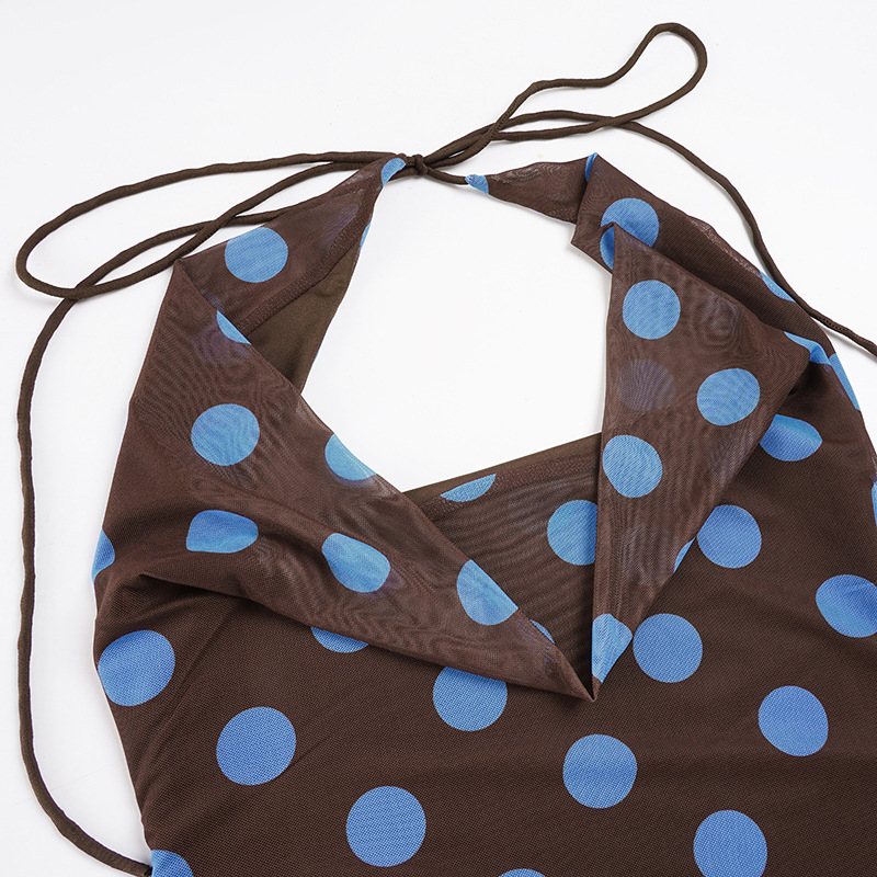 Polka Dot Print Swing Collar Small Sling Sexy Big Backless Scarf Lace up Vest Top for Women