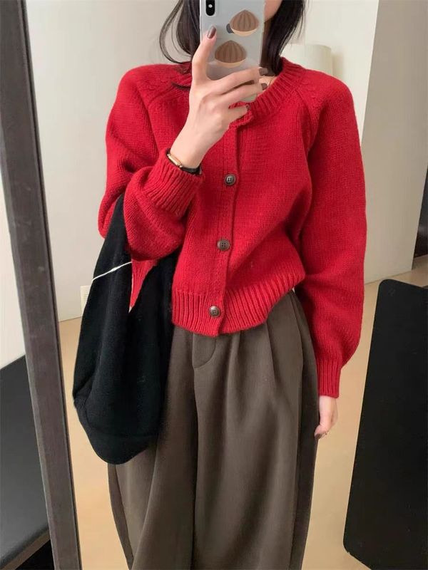 韩系温柔软糯圆领100羊毛开衫女装秋冬新款宽松慵懒羊绒衣外套|undefined