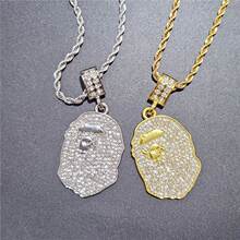 潮牌猿人头项链吊坠镶钻满钻金APE NECKLACE欧美嘻哈个性项坠百搭