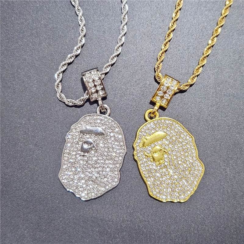 潮牌猿人头项链吊坠镶钻满钻金APE NECKLACE欧美嘻哈个性项坠百搭