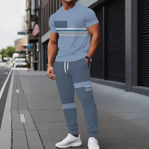 TEMU summer men's short-sleeve pantsuit casual fashion simple trend 3D print