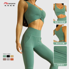 歐美裸感緊身聚攏褶皺瑜伽背心 健身服女帶胸墊瑜伽運動文胸