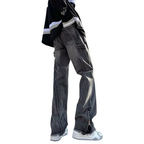 Oversize American-style zipper jeans for men, spring new arrival straight-leg micro-flare pants, high street vibe trendy brand