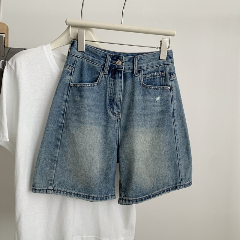 Washed Vintage A-Line Denim Shorts for Women, Slimming High-Waisted Patchwork Wide-Leg Casual Pants, Summer Korean Style Five-Point Shorts Washed Vintage A-Line Denim Shorts for Women, Slimming High-Waisted Patchwork Wide-Leg Casual Pants, Summer Korean Style Five-Point Shorts