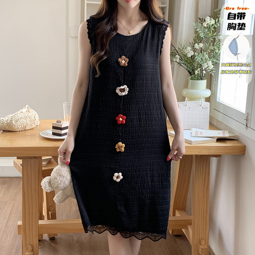 Summer Sleeveless Round Neck Nightdress with Fixed Bra Pads Handmade 3D Crochet Solid Color Cloud Cotton Camisole Dress in Multiple Colors