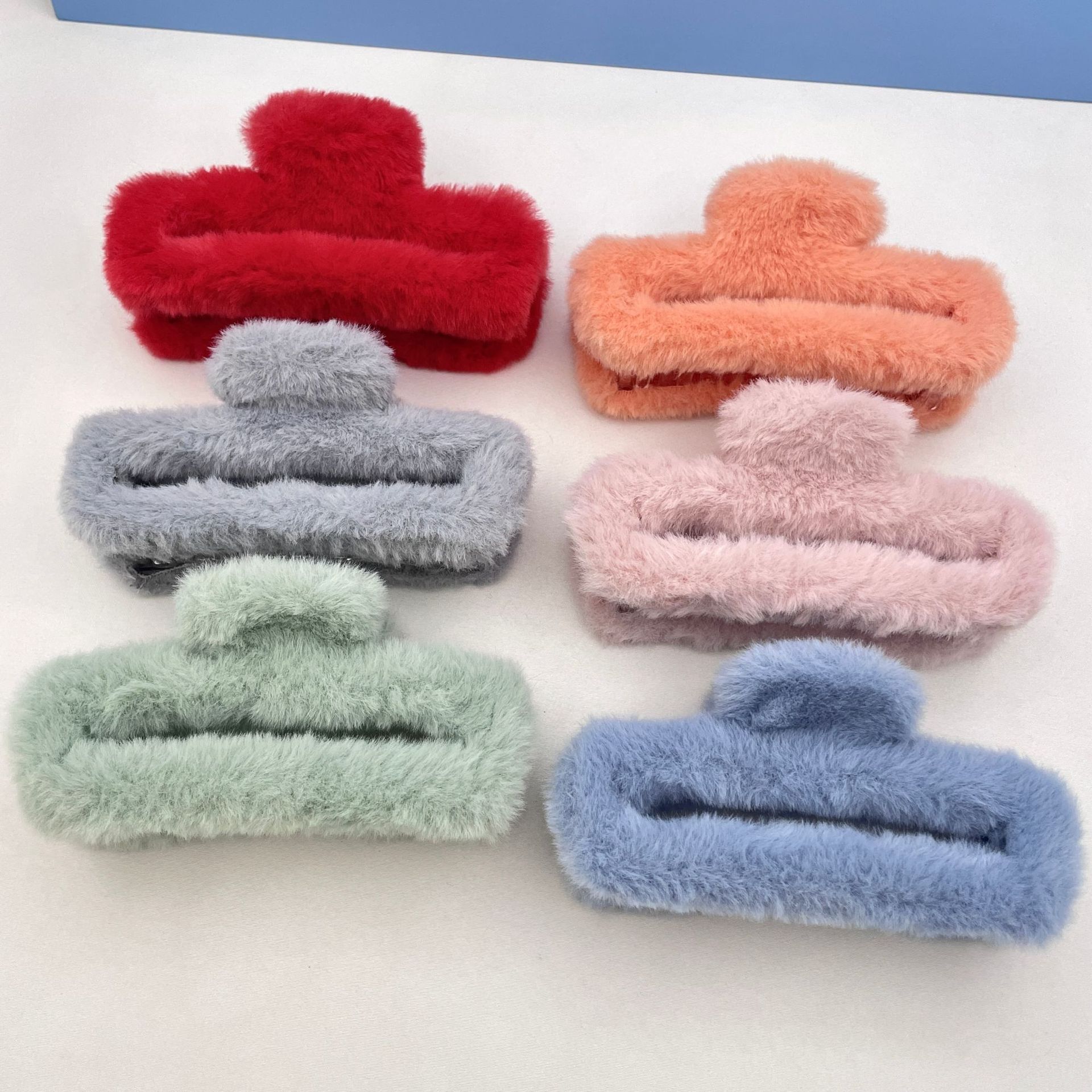 Oufeirle Autumn and Winter Square Plush Hair Clip Large Handmade Rabbit Fur Shark Clip Fluffy Hair Bun Clip Hair Accessory
