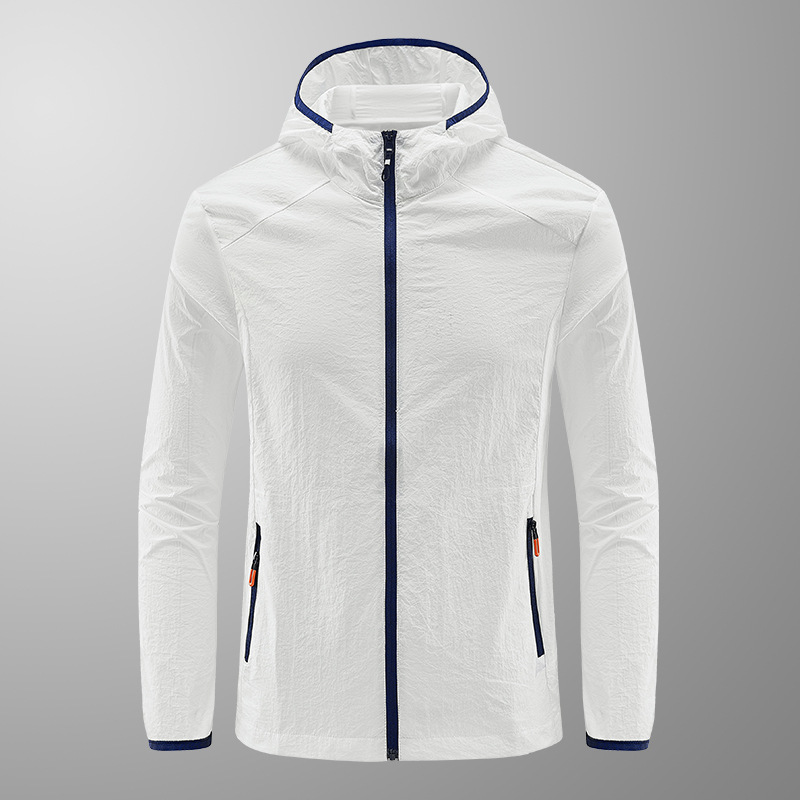 Summer hooded sun protection jacket for men, outdoor ultra-thin breathable sun protection clothing, plus size casual ice silk sports skin jacket.