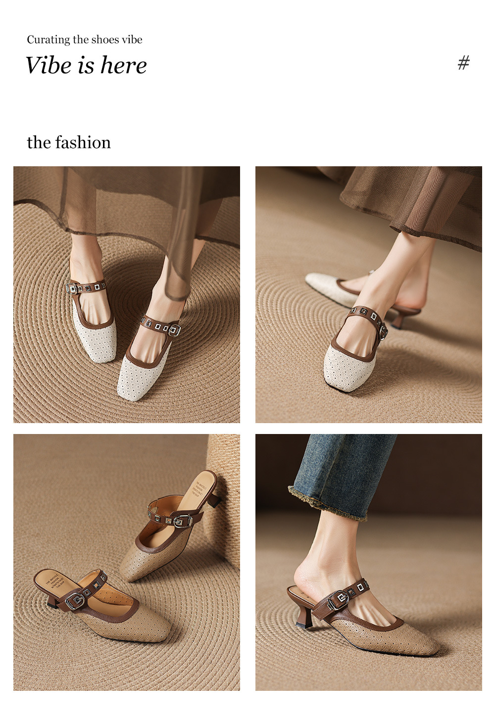 Sandal nữ quai ngang mũi vuông gót 5 cm phối màu — màu trắng ngà chi tiết 1