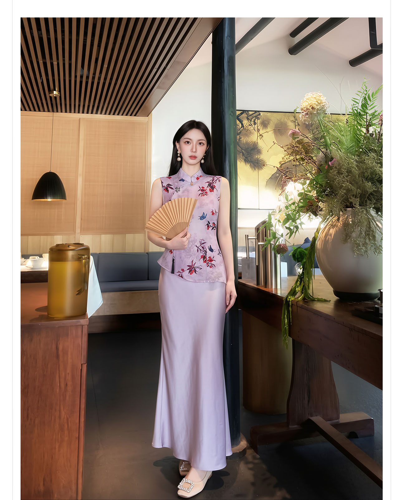 Áo gile nữ cổ đứng không tay họa tiết thêu hoa văn quốc phong — màu tím chi tiết 10
