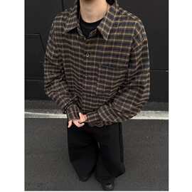 男装复古格纹翻领长袖衬衫2025春秋季外套个性时尚休闲时尚衬衣潮