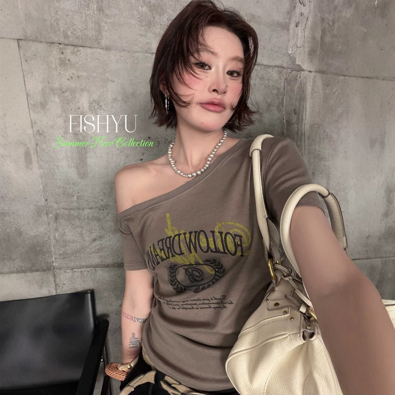 Thirteen Lines Flshyu Summer New American Retro English Slogan Printed Side Ruched Short-Sleeve T-Shirt 26236 Thirteen Lines Flshyu Summer New American Retro English Slogan Printed Side Ruched Short-Sleeve T-Shirt 26236