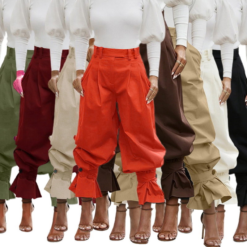 S391538 High-Waisted Pleated Jogger Pants for Women, Loose Wide-Leg Pants with Ruffled Cuffs, Cross-Border Women's Clothing Wholesale S391538 High-Waisted Pleated Jogger Pants for Women, Loose Wide-Leg Pants with Ruffled Cuffs, Cross-Border Women's Clothing Wholesale