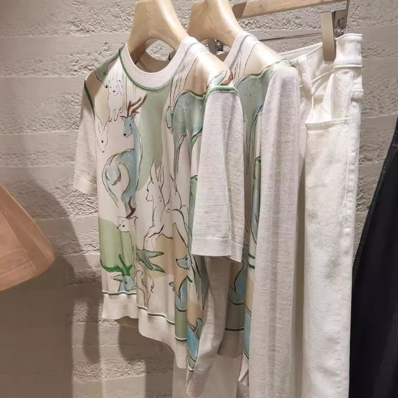 Chinese-made E-fawn printed stitching delicate non-dyed wool sweater short-sleeved thin women's new