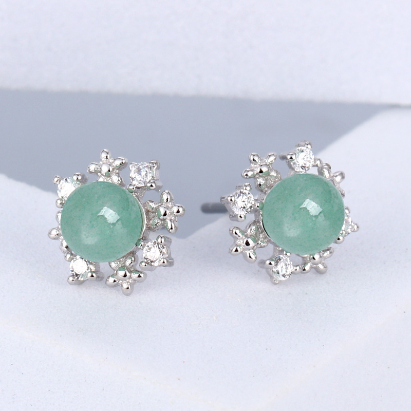 s925银玉髓花朵耳钉 欧美时尚花蕊耳环法式复古绿宝石耳饰跨境