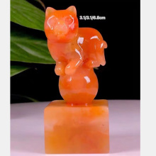 寿山老挝石结晶北部田黄招财猫印章3.1*3.1*6.8CM姓名礼品章送盒