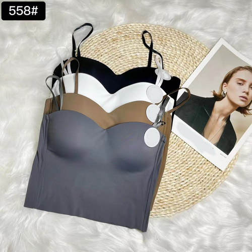 Integrated fixed cup ice silk beautiful back spaghetti straps to prevent exposure girls tube top with breast pads to wrap the chest and wear underwear for women