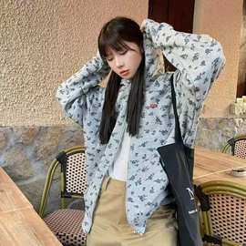 高版本 25秋冬拉链开衫加绒连帽外套女慵懒风复古小碎花情侣卫衣