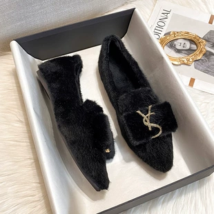 Furry shoes for women's outer wear winter plus velvet cotton scoop shoes mink velvet rabbit edamame shoes warm large size women's shoes 41 to 43