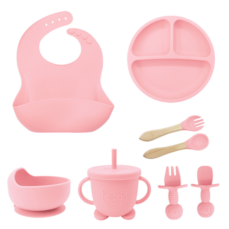 Eight-piece set (115g Bib + suction cup + bowl + straw cup + wooden fork spoon + bear fork spoon): Pink