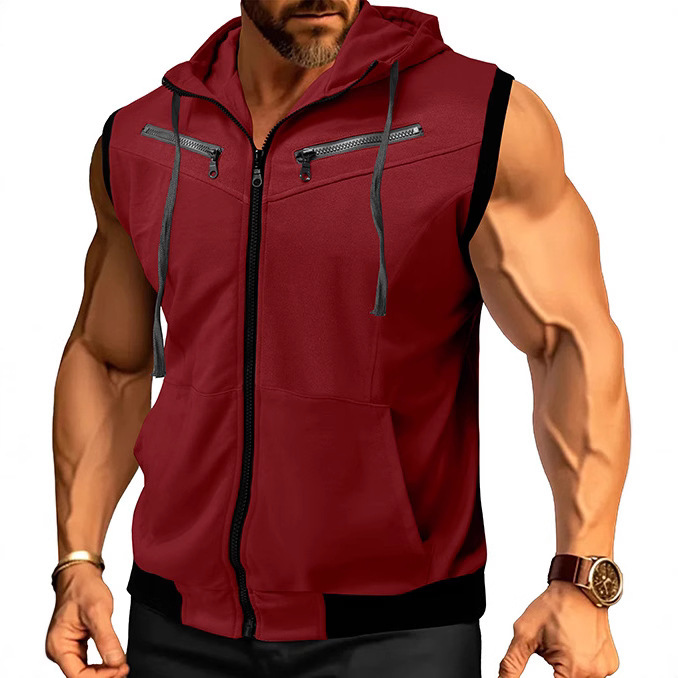 In-Stock Amazon Hot-Selling New Men's Hooded Sleeveless Vest, Men's Color-Block Zipper Vest, Direct from Manufacturer
