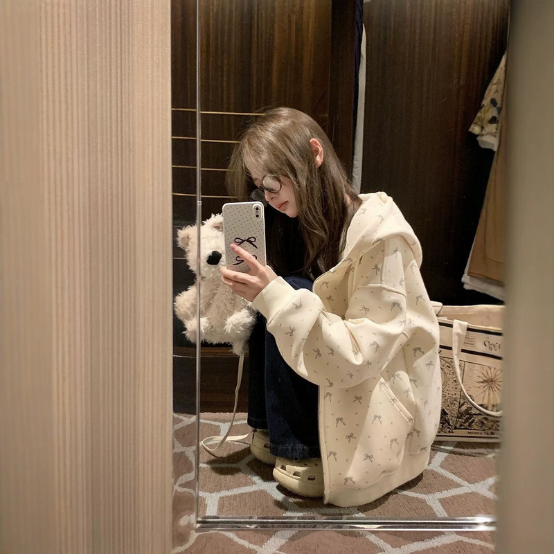 Sweet floral print hooded cardigan sweatshirt for women, spring/autumn 2025 new style, oversized loose fit, soft and fluffy, fleece-lined jacket
