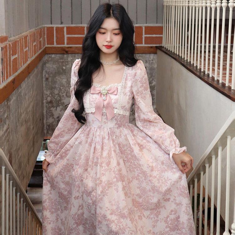 [four-sided lining] 2024 spring new gentle wind temperament long skirt pink floral dress