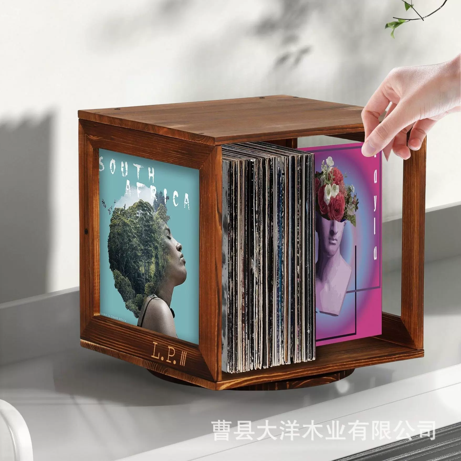跨境木制唱片架可旋转黑胶唱片置物架桌面CD影片相框储物架书架