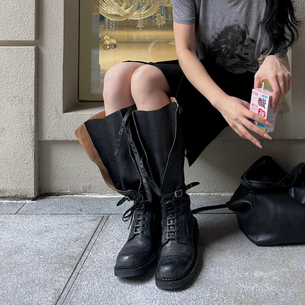 Коровья кожа версия ~ Miu ветер кожаные сапоги Martin длинные сапоги женские сапоги с толстым каблуком рыцарь толстые сапоги с большой трубкой