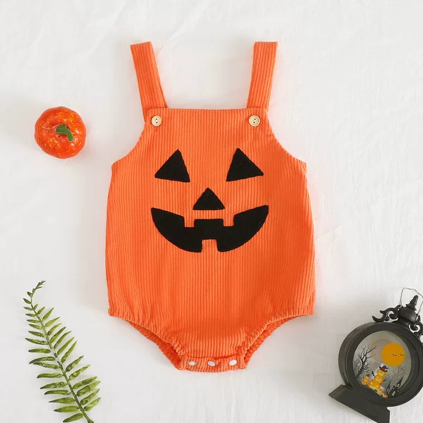 Cross-Border European and American Autumn and Winter Thickeneded Halloween Pumpkin Expression Jumpsuit for Boys and Girls, Triangle Crawl Suit, Children's Clothing
