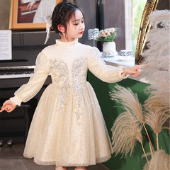 女童連衣裙冬裝24年新款洋氣兒童加絨亮片羊毛裙女孩小香風公主裙