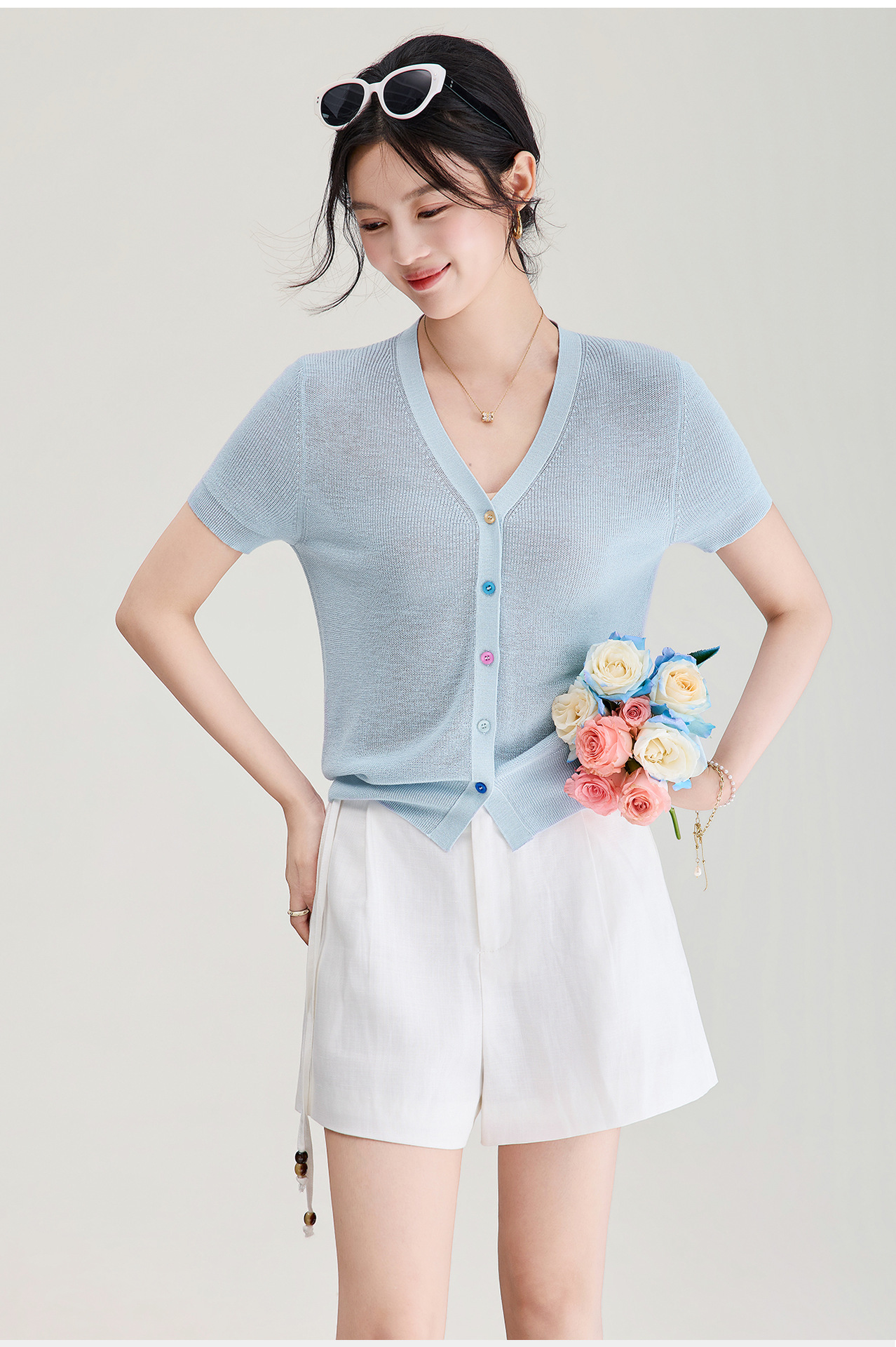 Áo cardigan nữ cổ V dệt kim sợi lanh siêu mịn, cúc màu, thoáng mát mùa hè — xanh lam chi tiết 9