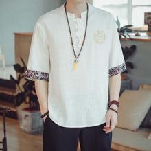 中式古装衬衫男士短袖中国风棉麻半袖t恤唐装刺绣大码宽松衬衣服