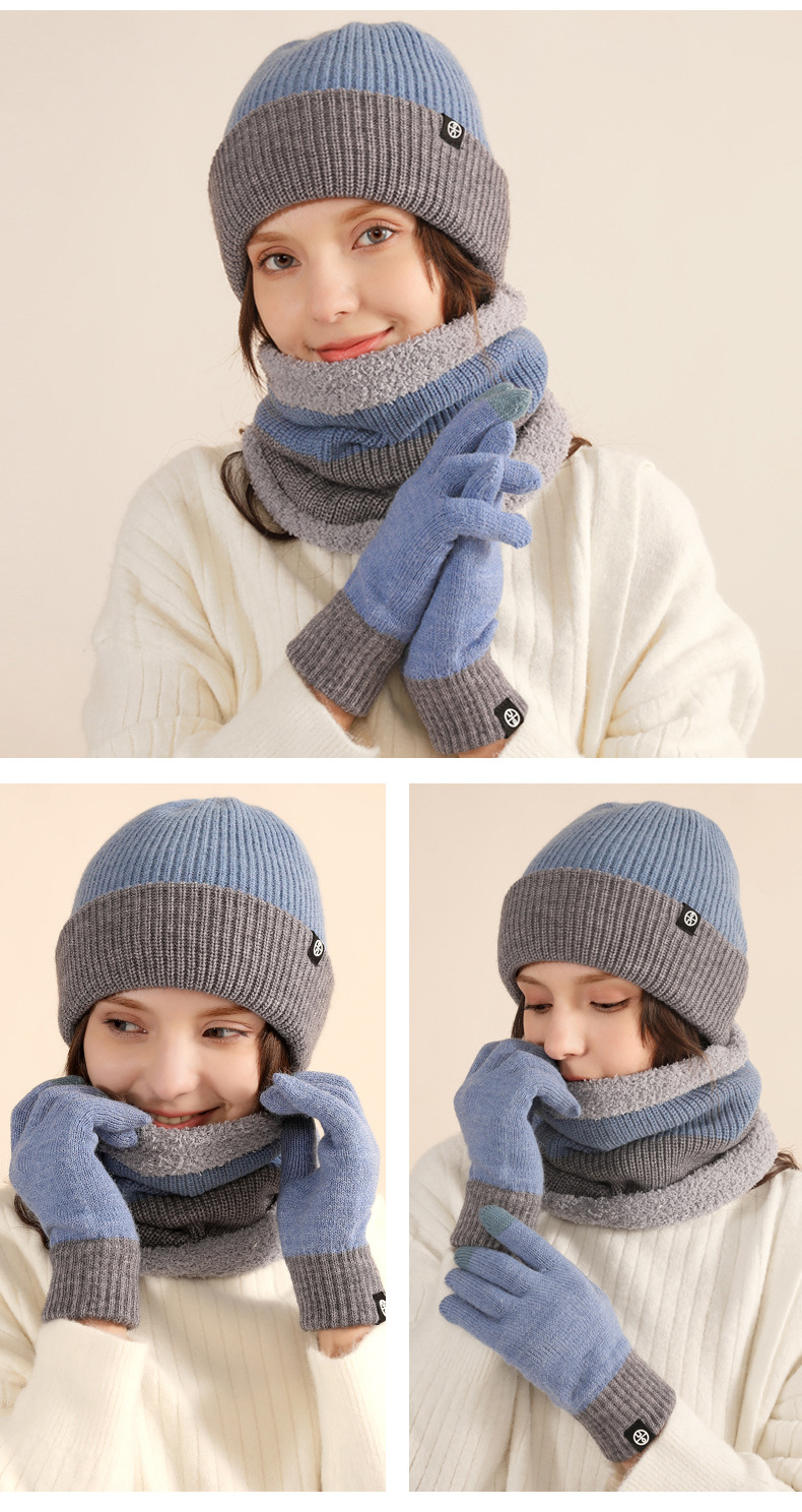 Conjunto de gorro cachecol e luvas em tricô para mulher reversível_voghion.com