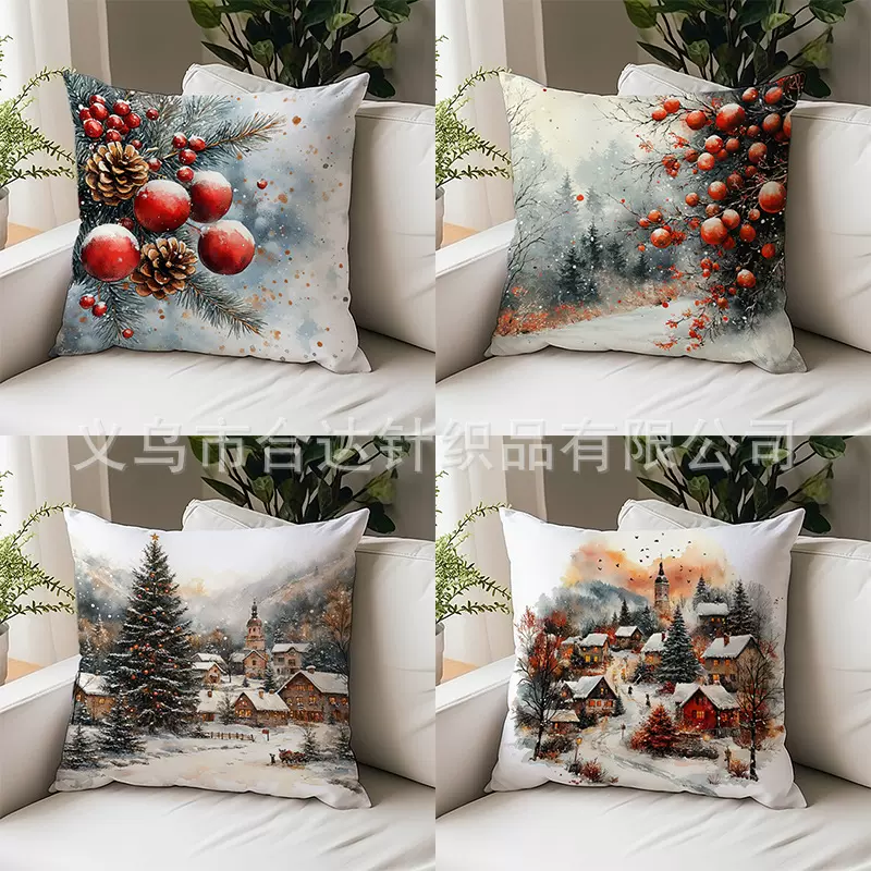 亚马逊定制圣诞主题印花抱枕套圣诞球圣诞树亚麻超柔短毛绒靠枕套