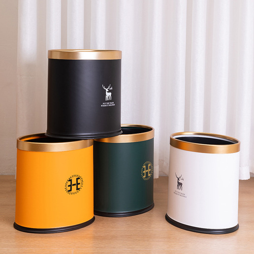 Light luxury gold-edged lidless trash can, household double-layer large-caliber living room kitchen round large-sized office wastebasket