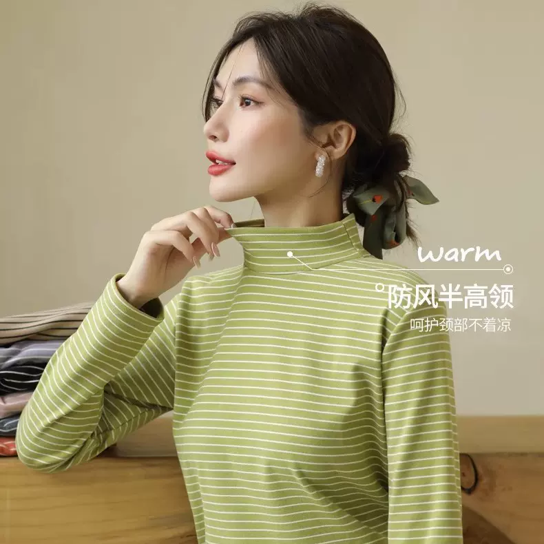 条纹女打底衫加绒半高领秋冬季新款内搭德绒保暖女士上衣长袖T恤