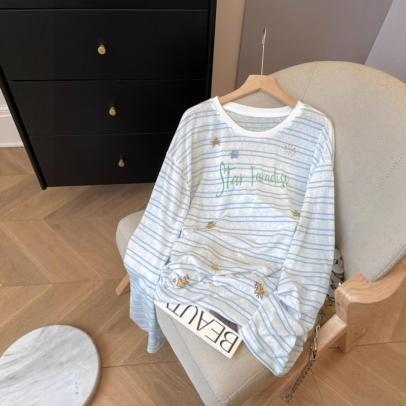 Two-Piece Set (Solona Neckline) Plus Size 120kg Striped Print Lightweight Sun-Protective Cover-Up Women's Early Autumn Long-Sleeve T-Shirt Two-Piece Set (Solona Neckline) Plus Size 120kg Striped Print Lightweight Sun-Protective Cover-Up Women's Early Autumn Long-Sleeve T-Shirt