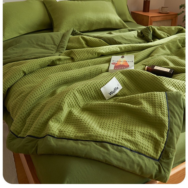Colcha fresca de verano waffle de algodón puro de verano, juego de cuatro piezas de algodón individual y doble, ropa de aire acondicionado lavable a máquina