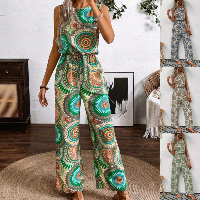 2024 European and American cross-border women's shein Amazon temu foreign trade printed jumpsuit sleeveless straight jumpsuit