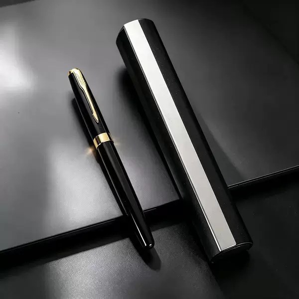 Round PU pen holder + signature pen gift set, office promotional gift pen, logo printing, black ballpoint pen