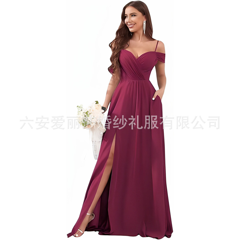 2026 New European and American Cross-Border One-Shoulder Bridesmaid Dress with Slit, Long Evening Gown for Banquets and Cocktail Parties