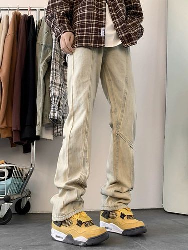 American Retro Yellow Clay Dye Jeans for Men Spring and Autumn Vibe Flared High Street Straight Leg Youth Embroidered Casual Pants