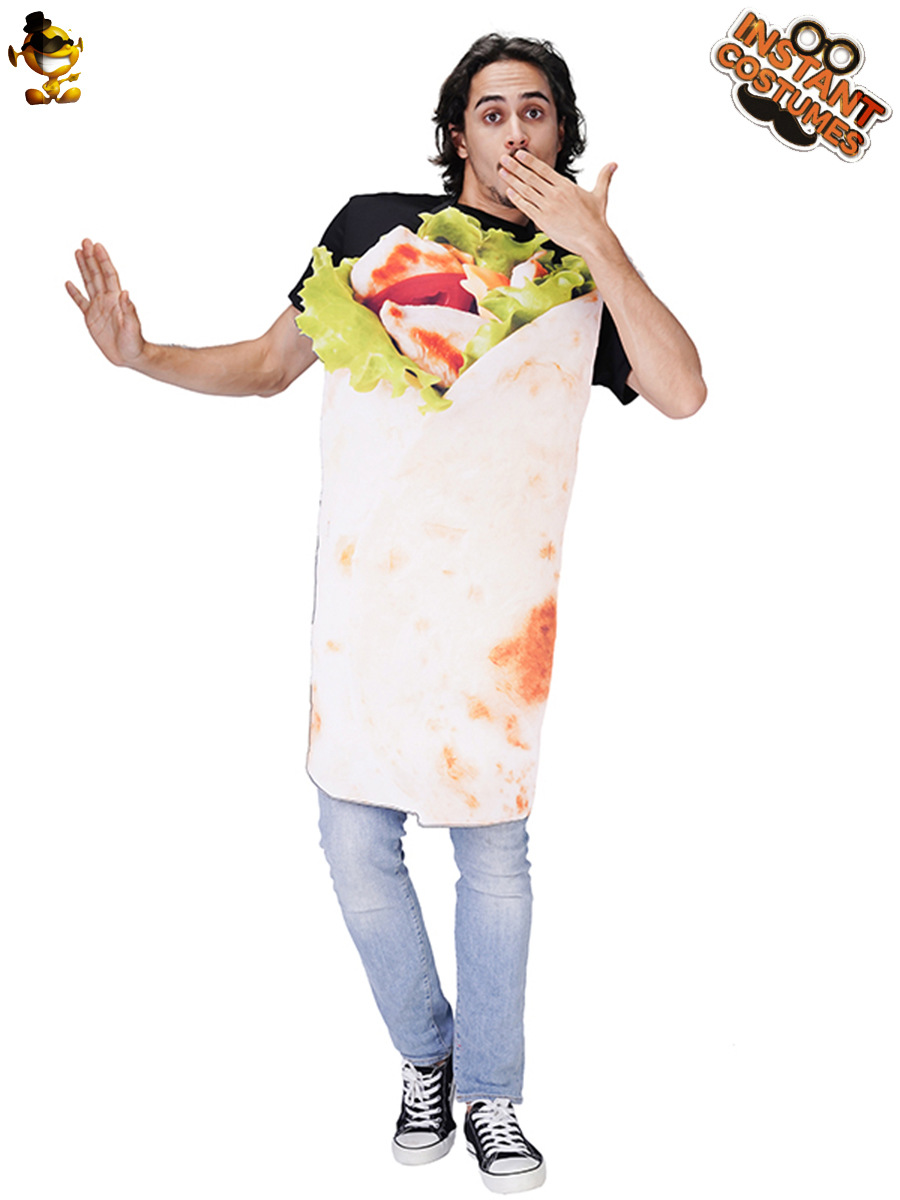 Halloween adultos hombres y mujeres pareja divertida fiesta traje de pizza rollo papel rendimiento ropa Cosplay image 1