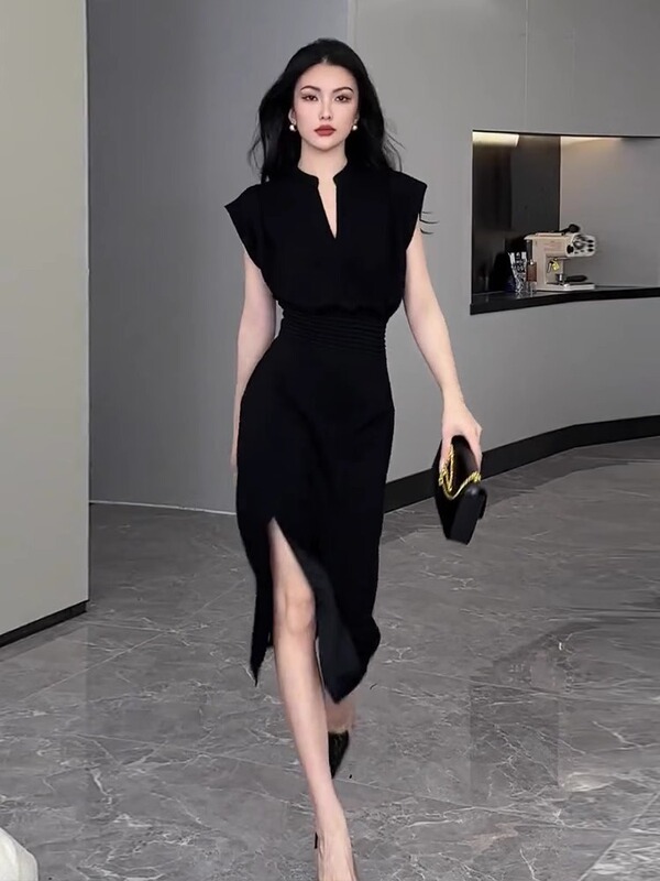 High-End Exquisite Black Dress for Women, New Summer Style, Elegant Lady Dress, Mature Style with High Heels