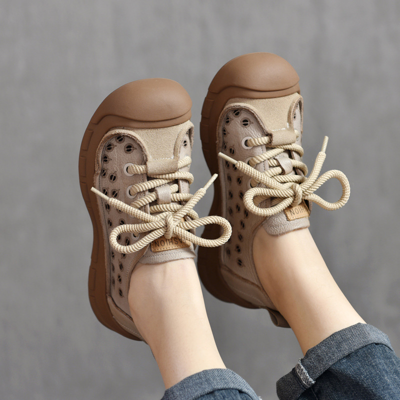 First-Layer Cowhide Toe-Toe Shoes with Perforated Design, Hollow Sandals, Flat-Soled Retro Shoes, 2026 Spring and Summer New Lace-Up Casual Women's Shoes
