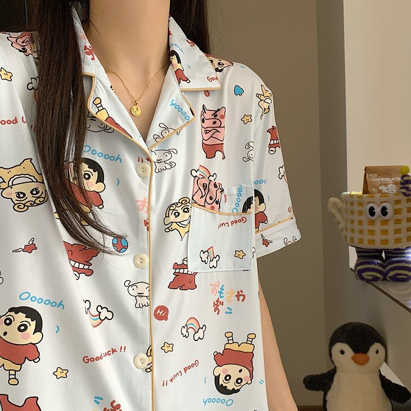 Venta al por mayor transfronteriza nuevo estilo imitación algodón de manga corta pantalones cortos pijamas mujeres rebeca de verano dulce y lindo dibujos animados casual servicio a domicilio